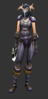 A Blood Elf female wearing the complete Heavy Mithril Armor set, armed with a Heavy Mithril axe.