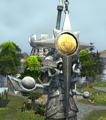 A statue of Tirion Fordring displaying the Ashbringer and Argent Crusade crest, both featuring silver hands.