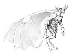 Early concept art of a gargoyle with armor equipped and separate arms and wings.