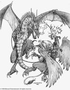 Warcraft II art of a gryphon rider battling a dragon.