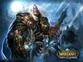 The Lich King Arthas, holding Frostmourne and the Helm of Domination.