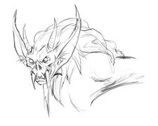 Early concept art of a gargoyle face, with longer hair and combined arms and wings.