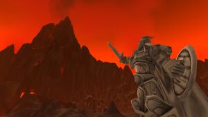 Anduin Lothar's statue before Blackrock Mountain in the Burning Steppes