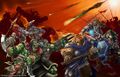 Warcraft III art with a paladin in the front.