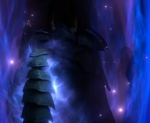 Xal'atath's silhouette (right) appearing next to Iridikron in the Dawn of the Infinite finale.