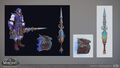 Models and concept art of Kalecgos' weapons in Dragonflight.