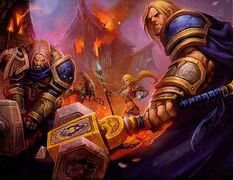 Arthas, Jaina and Uther in Hearthglen in the TCG.