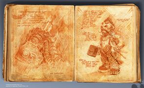 Sketches created for inclusion in a book prop, depicting a gnome and what appears to be the Master's Glaive.