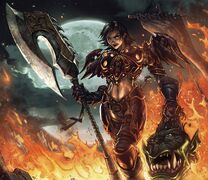 Blademistress Lyss, a human warrior, wielding what seems to be Gorehowl.