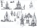 Rough sketches of a blood elf castle, including the final design