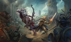 Promotional art with Anduin fighting Sylvanas outside of Capital City.