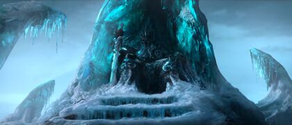 Frostmourne frozen with Lich King Arthas before he emerged, in the WotLK cinematic.