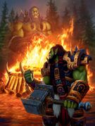 Thrall honors Orgrim Doomhammer at the fallen orc's funeral pyre.