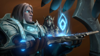 Anduin presenting the kyrian sigil to the Jailer.