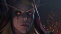 Sylvanas stares down at a wounded Delaryn Summermoon.