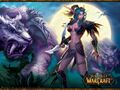 Wallpaper with a night elf with two saber cats.