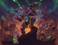 Mecha-Jaraxxus and the Rusted Legion on the key art for Hearthstone's Trial by Felfire adventure.