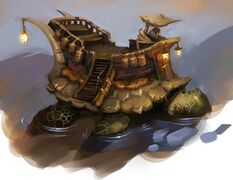 Concept art of a tuskarr turtle boat of Northrend.