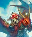 Dragonrider Brann on a red dragon in Hearthstone.