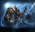 Arthas, holding Frostmourne and the Helm of Domination.