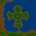 Cross Island in Warcraft II, with the Violet Citadel on the upper part of the island.