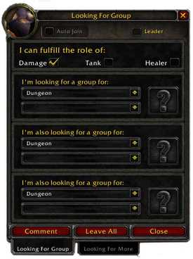 The LFG panel as of patch 3.1 as seen by a Tauren druid.