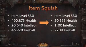 At item level 530, a player will drop from 490,873 health to 30,375; intellect drops from 20,640 to 1,100; Fireball damage drops from 46,928 to 2,209