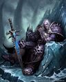 Lich King Arthas sitting with his helmet off.