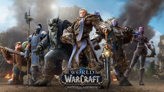 Cinematic still with Genn Greymane, Anduin, and Alliance soldiers on a BFA wallpaper.