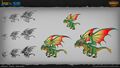 Concept art of green dragons of various ages.
