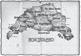 Sketched map of Northrend (set approximately two-three years before present) in the non-canon RPG.[44]