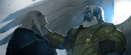 Uther as a kyrian, holding Arthas over the Maw.