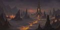 Artwork of Sulfuron Spire, the entrance to the Firelands.