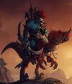 Vol'jin, Chieftain of the Darkspear, atop his raptor.