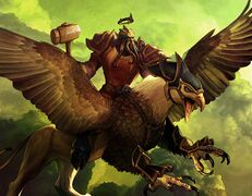 A draenei priest riding a gryphon in the TCG.