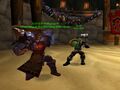 Garrosh and Thrall do battle in the Ring of Valor (in-game).