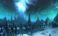 The gates of Icecrown Citadel as seen in the Wrath of the Lich King login screen.